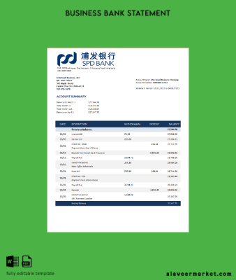 Shanghai Pudong Development İşletme Banka Hesap Özeti Word and PDF Şablon