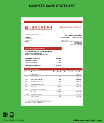 Shanghai Commercial & Savings Banka firm account Hesap Özeti Word and PDF Şablon