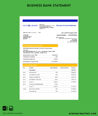 Shanghai Rural Commercial Banka enterprise Hesap Özeti Word and PDF Şablon