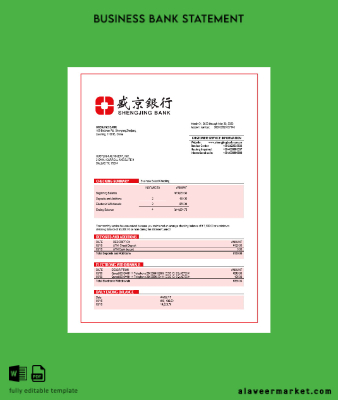 Shengjing Banka Şirket checking account Hesap Özeti Word and PDF templa