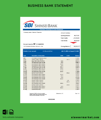 Shinsei Banka İşletme Hesap Özeti Word and PDF Şablon