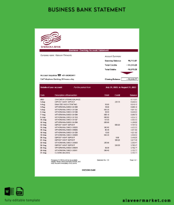 Shizuoka Banka organization checking account Hesap Özeti Word and PDF Şablon