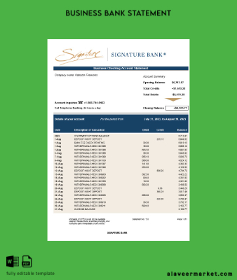 Signature Banka enterprise Hesap Özeti Word and PDF Şablon