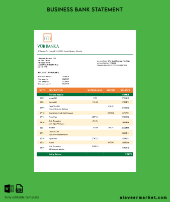 Slovakya VUB organization Hesap Özeti Word and PDF Şablon