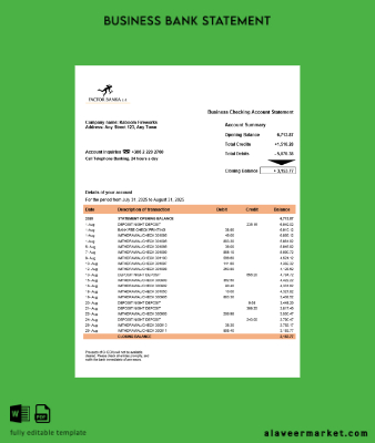 Slovenya Factor Banka firm account Hesap Özeti Word and PDF Şablon