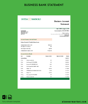 Slovenya Intesa Sanpaolo enterprise account Hesap Özeti Word and PDF Şablon