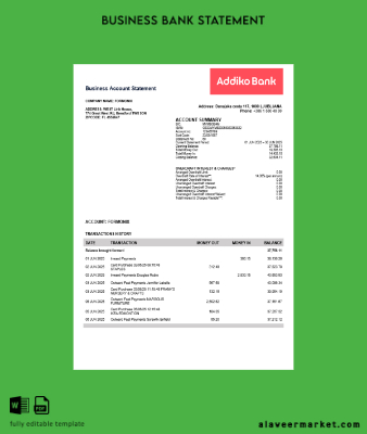 Slovenya Addiko organization account Hesap Özeti Word and PDF Şablon
