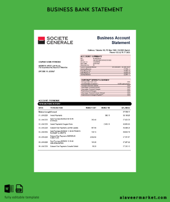 Société Générale İşletme account Hesap Özeti Word and PDF Şablon