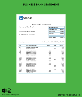 Sogexia organization checking account Hesap Özeti Word and PDF Şablon (1)