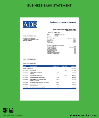 Solomon Islands ADB corporate account Hesap Özeti Word and PDF Şablon