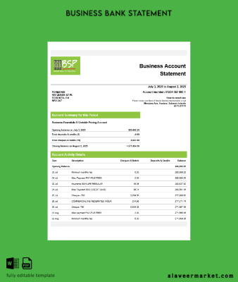 Solomon Islands BSP firm account Hesap Özeti Word and PDF Şablon