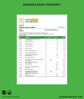 Somali Dara Salaam Banka firm account Hesap Özeti Word and PDF Şablon