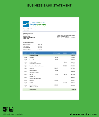Somali Salaam Somali Banka İşletme checking account Hesap Özeti Word and PDF Şablon