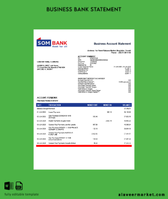 Somali Banka Banka firm account Hesap Özeti Word and PDF Şablon