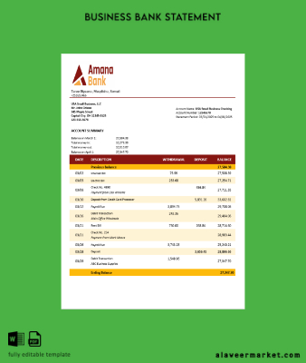 Somalia Amana İşletme checking account Hesap Özeti Word and PDF Şablon