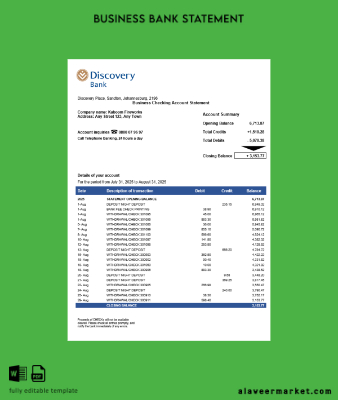 South African Discovery İşletme checking account Hesap Özeti Word and PDF Şablon