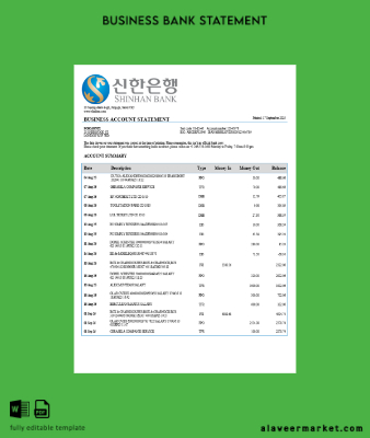 South Korea Shinhan İşletme checking account Hesap Özeti Word and PDF Şablon