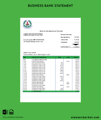 South Sudan Ivory İşletme checking account Hesap Özeti Word and PDF Şablon