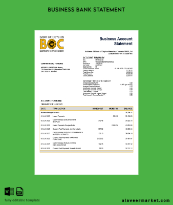 Sri Lanka Banka of Ceylon firm account Hesap Özeti Word and PDF Şablon