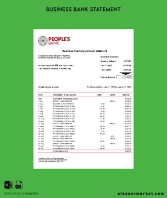 Sri Lanka People’s Banka Şirket checking account Hesap Özeti Word and PDF Şablon