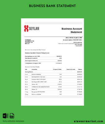 Sri Lanka Seylan Banka organization checking account Hesap Özeti Word and PDF Şablon