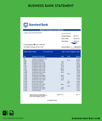 Standard Banka organization Hesap Özeti Word and PDF Şablon