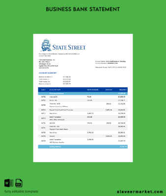 State Street Banka organization Banka Hesap Özeti Word and PDF Şablon