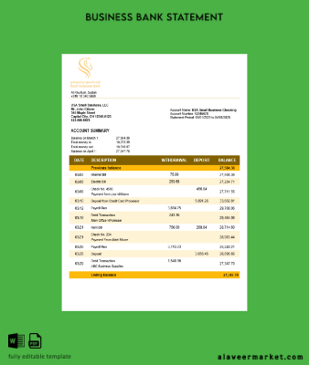 Sudanese Suudi Arabistan Sudanese Banka İşletme account Hesap Özeti Word and PDF Şablon
