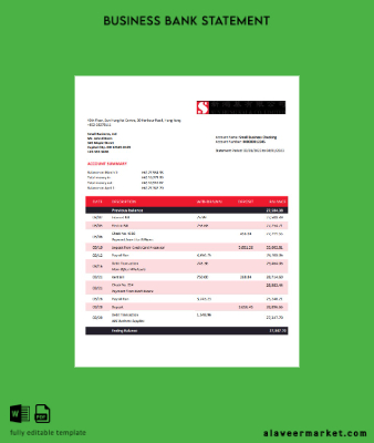Sung Hung Kai Banka Şirket account Hesap Özeti Word and PDF Şablon