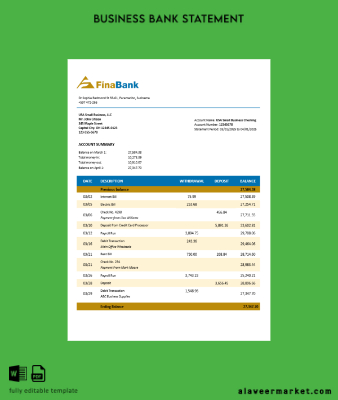 Suriname Banka enterprise Hesap Özeti Word and PDF Şablon