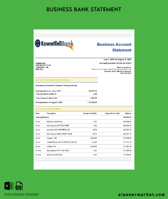 Banka Limited Şirket checking account Hesap Özeti Word and PDF Şablon