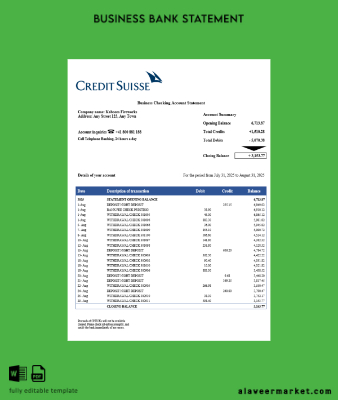Swiss Kredi Suisse Şirket checking account Hesap Özeti Word and PDF Şablon