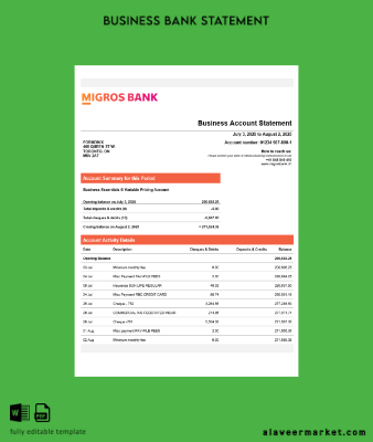 Swiss Banka enterprise Hesap Özeti Word and PDF format