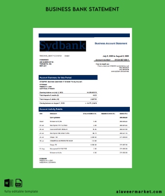 Banka enterprise account Hesap Özeti Word and PDF Şablon