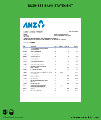Sydney ANZ İşletme firm Hesap Özeti Word and PDF format