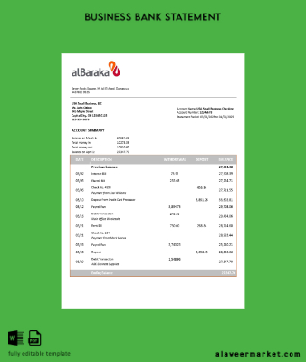 Suriye Al Baraka corporate checking account Hesap Özeti Word and PDF Şablon