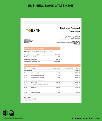 T Banka İşletme Banka Hesap Özeti Word and PDF format