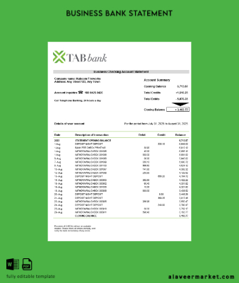 TAB organization checking account Hesap Özeti Word and PDF format