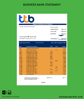TTB Banka corporate checking account Hesap Özeti Word and PDF Şablon