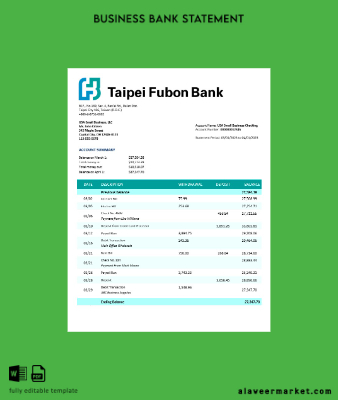 Taipai Fubon Banka corporate checking account Hesap Özeti Word and PDF Şablon