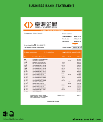Tayvan İşletme Banka Hesap Özeti Word and PDF Şablon
