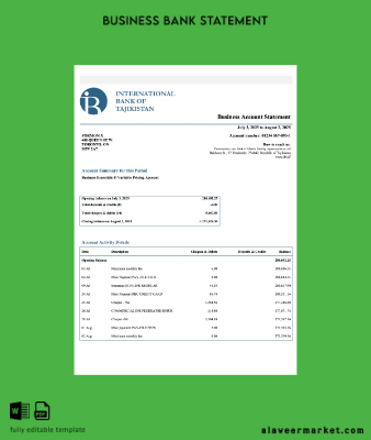 Tacikistan IBT İşletme checking account Hesap Özeti Word and PDF Şablon