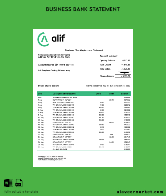 Tacikistan Alif firm account Hesap Özeti Word and PDF Şablon