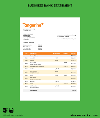 Tangerine İşletme Banka Hesap Özeti Word and PDF format