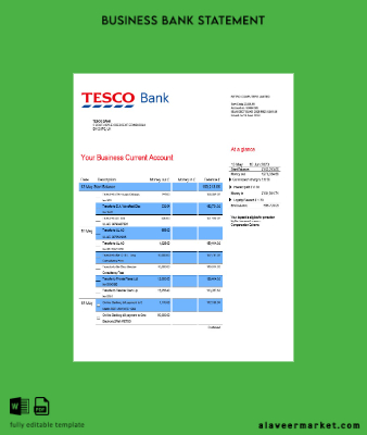 Tesco Banka İşletme Hesap Özeti Word and PDF Şablon