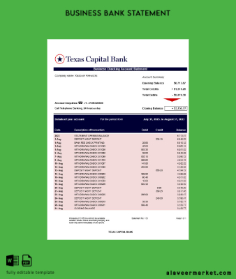 Texas Capital Banka Şirket account Hesap Özeti Word and PDF Şablon
