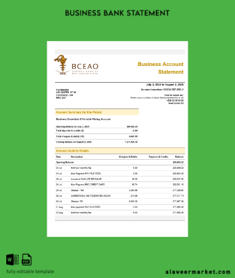 The Central Banka of West African States organization checking account Hesap Özeti Word and PDF format