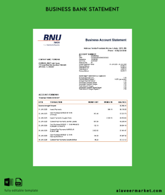 Timor-Leste BNU firm checking account Hesap Özeti Word and PDF Şablon