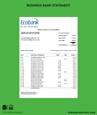Togo Banka organization checking account Hesap Özeti Word and PDF Şablon