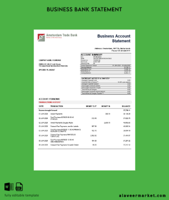 Trade Banka İşletme account Hesap Özeti Word and PDF Şablon